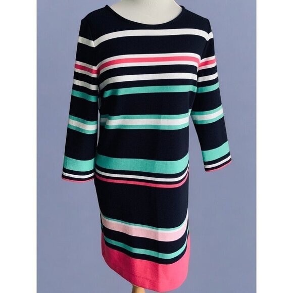 Crown & Ivy Womens Quarter Sleeve Back Zip Striped Navy Knee Length Dress Medium - Picture 2 of 9